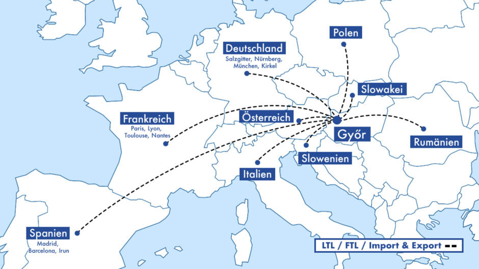 Karte Europa neuer Standort Gyor