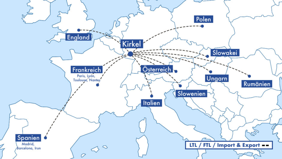 Karte von Europa mit Transportstrecken von Kirkel aus